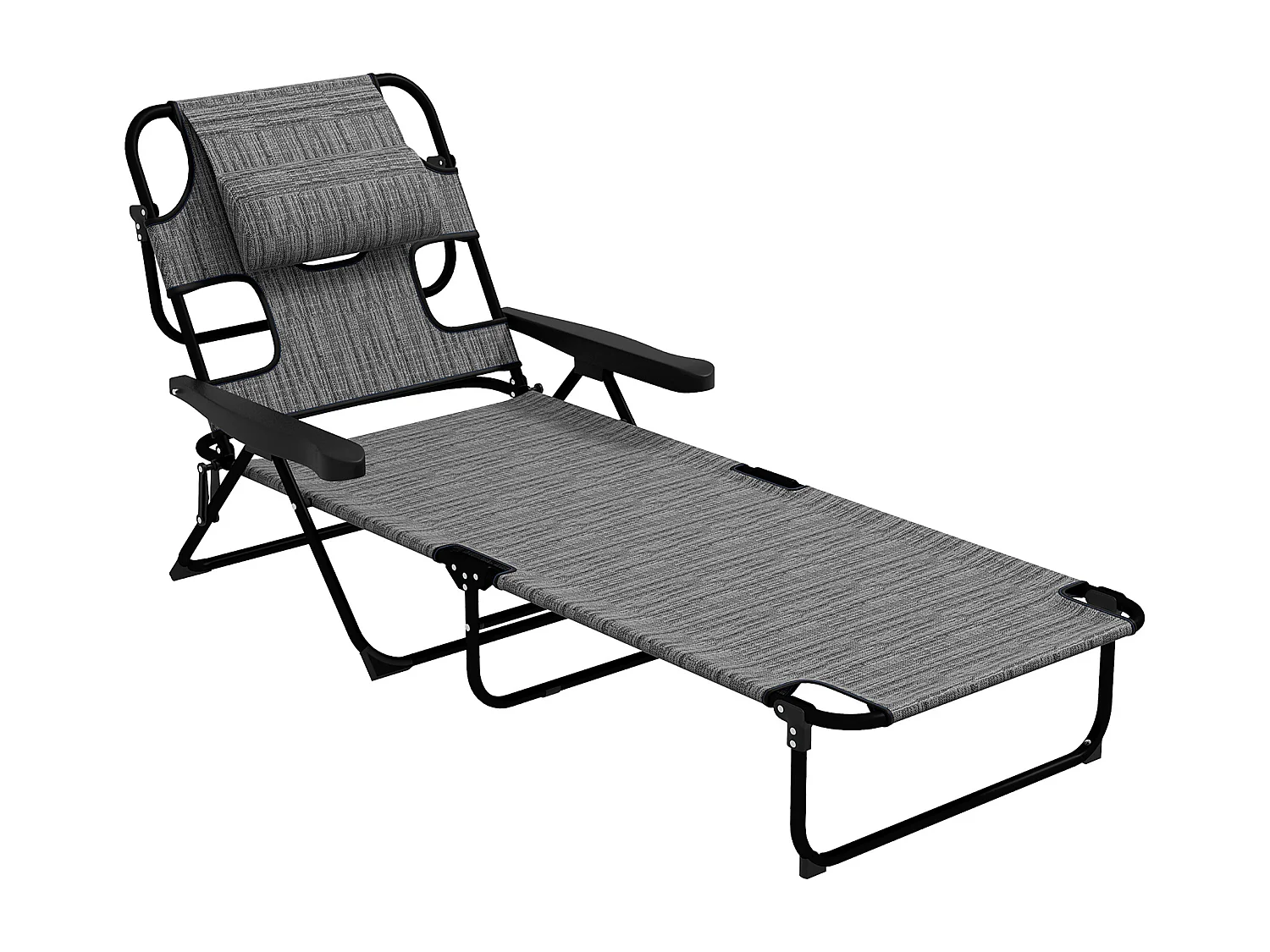 Bain de soleil transat pliable inclinable - coussins, espace tête - acier noir polyester gris chiné