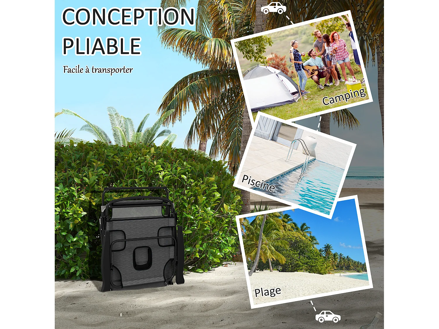 Bain de soleil transat pliable inclinable - coussins, espace tête - acier noir polyester gris chiné