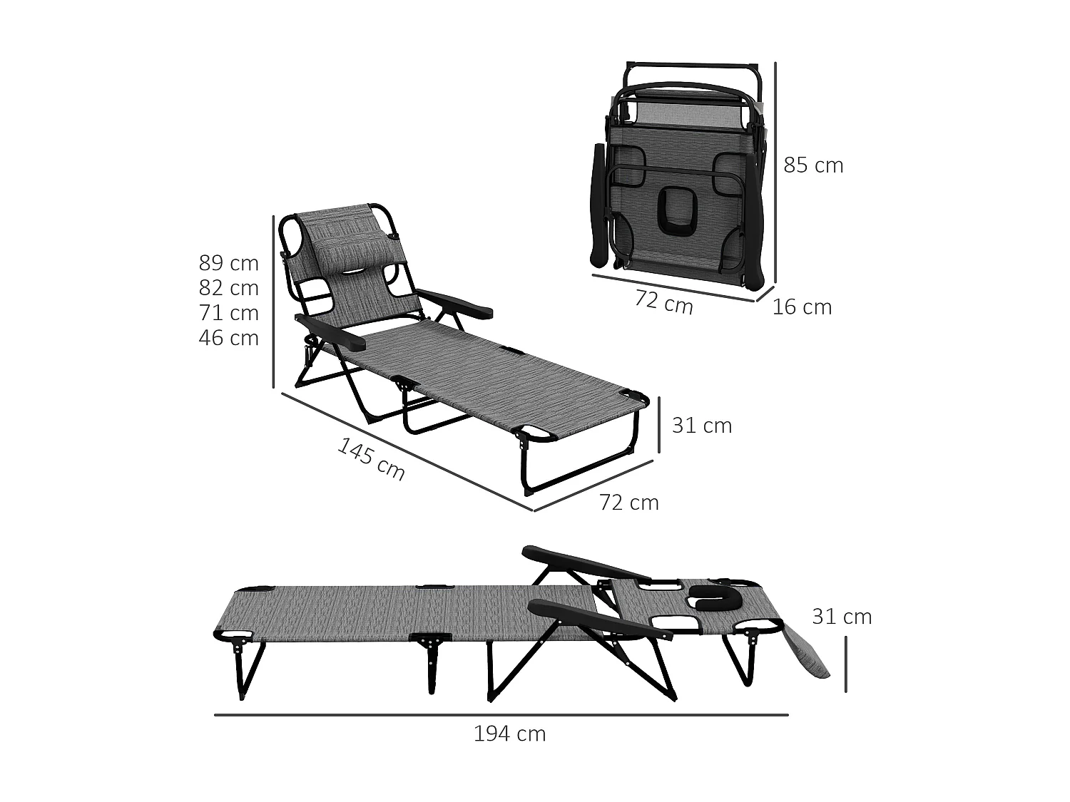Bain de soleil transat pliable inclinable - coussins, espace tête - acier noir polyester gris chiné