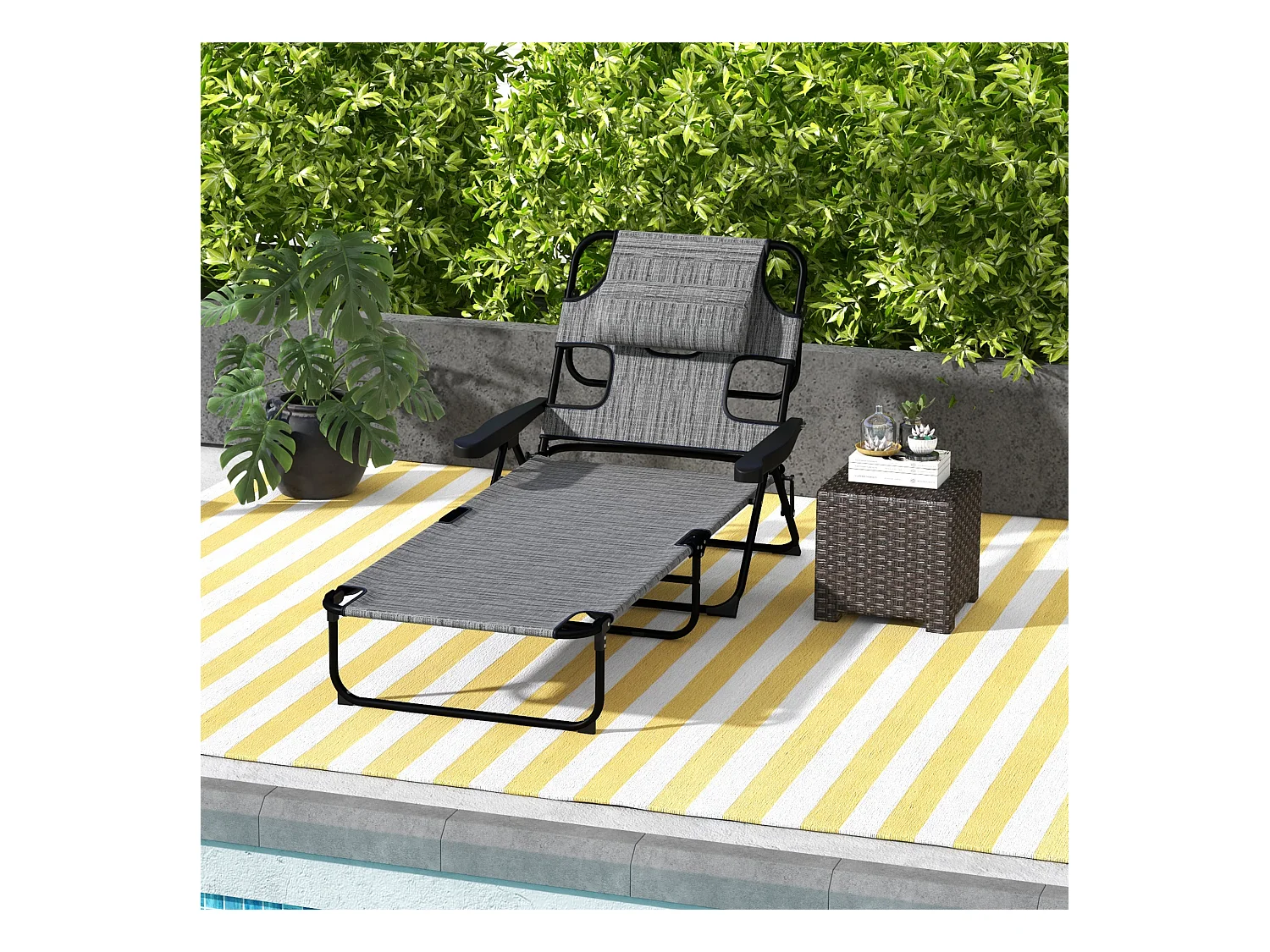 Bain de soleil transat pliable inclinable - coussins, espace tête - acier noir polyester gris chiné