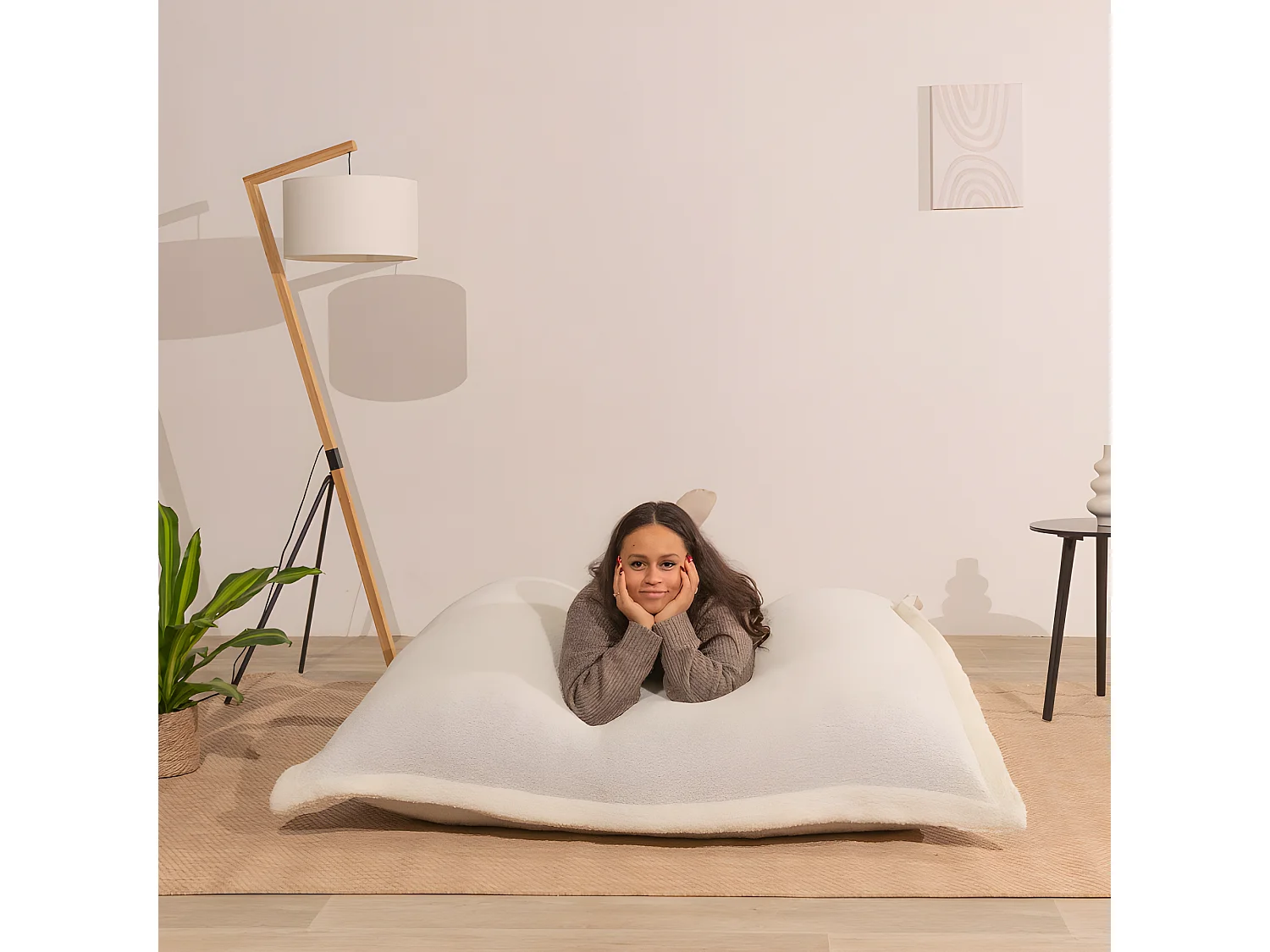 Pouf bouclette déhoussable blanc 180 x 140 cm