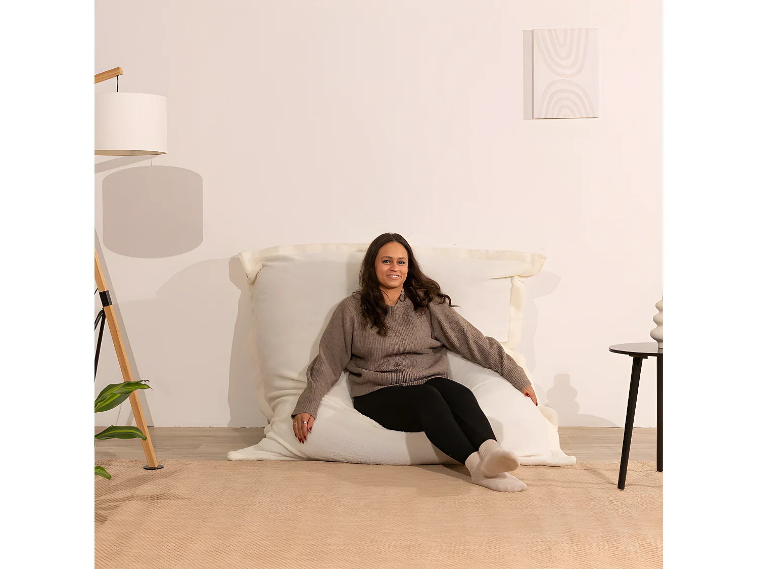 Pouf bouclette déhoussable blanc 180 x 140 cm