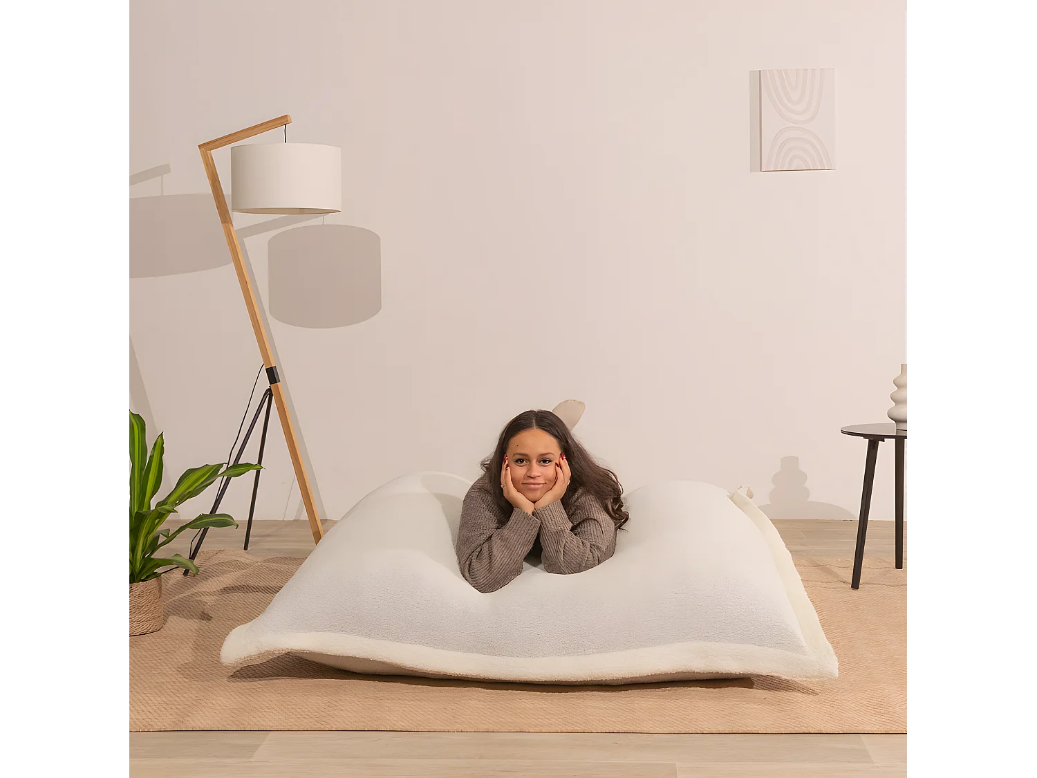 Pouf bouclette déhoussable blanc 180 x 140 cm