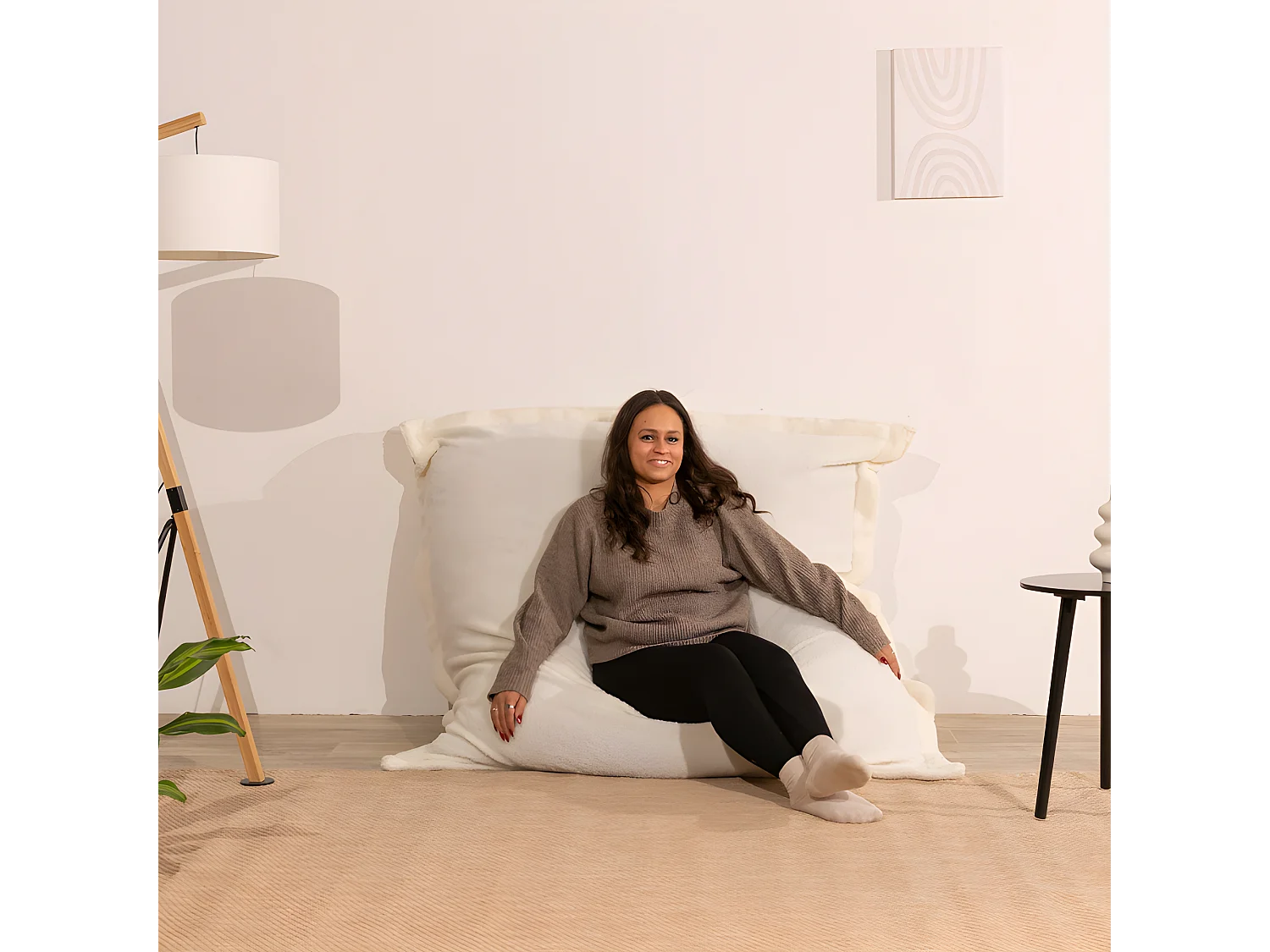 Pouf bouclette déhoussable blanc 180 x 140 cm