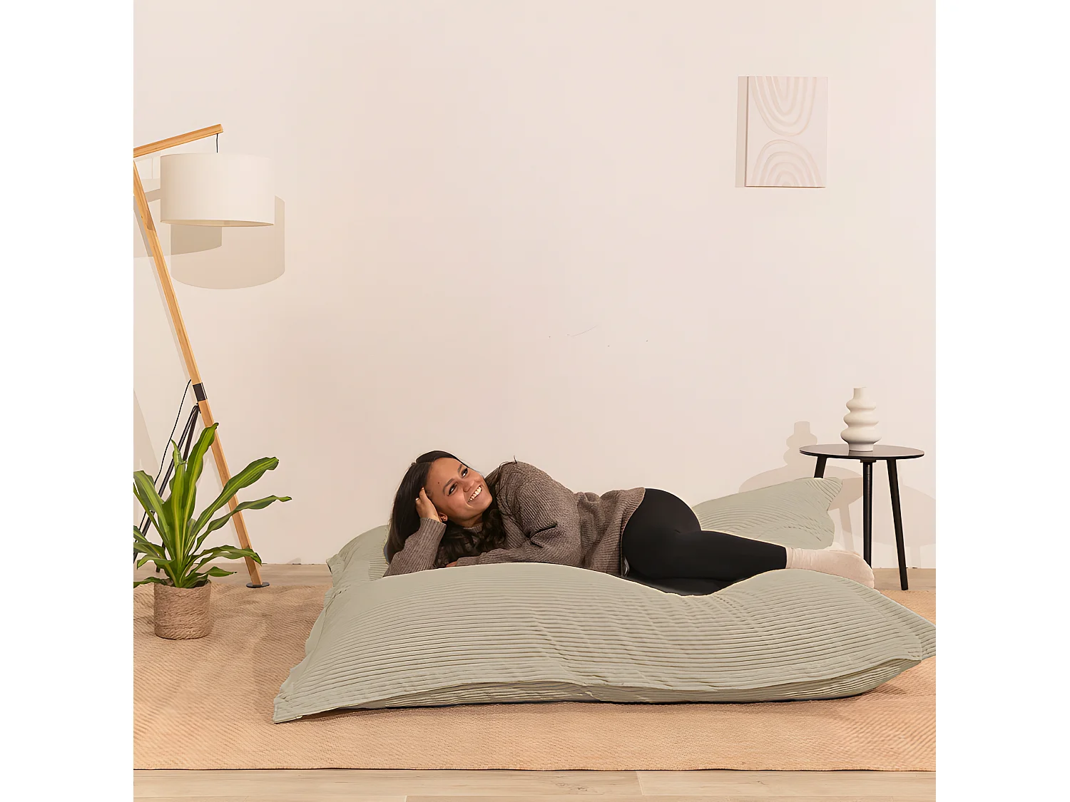 Beige ribfluwelen poef 180 x 140 cm