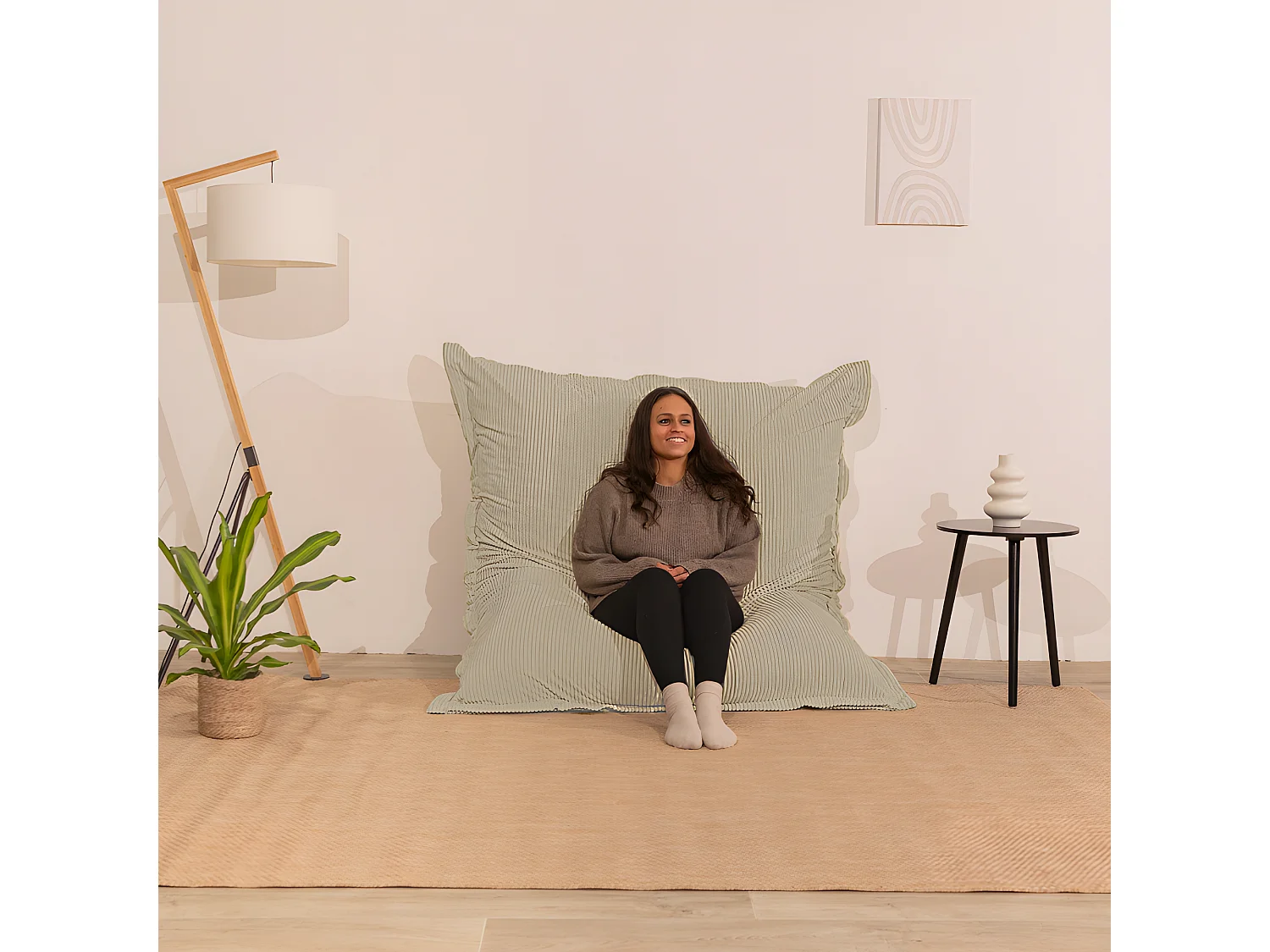 Beige ribfluwelen poef 180 x 140 cm