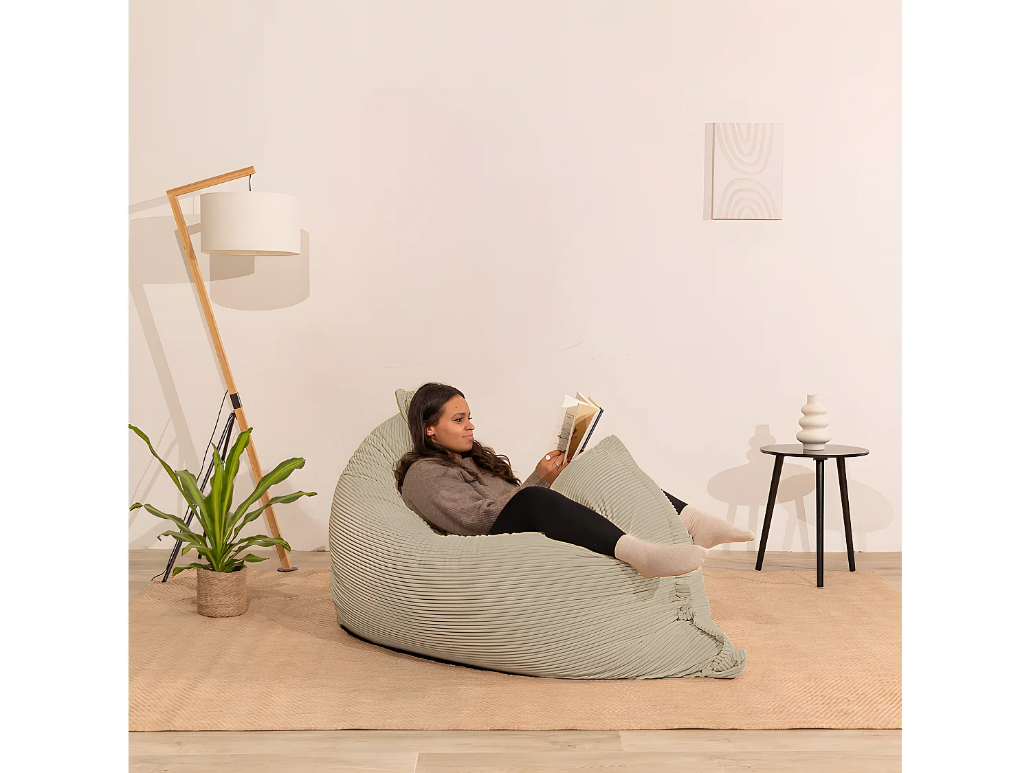 Beige ribfluwelen poef 180 x 140 cm