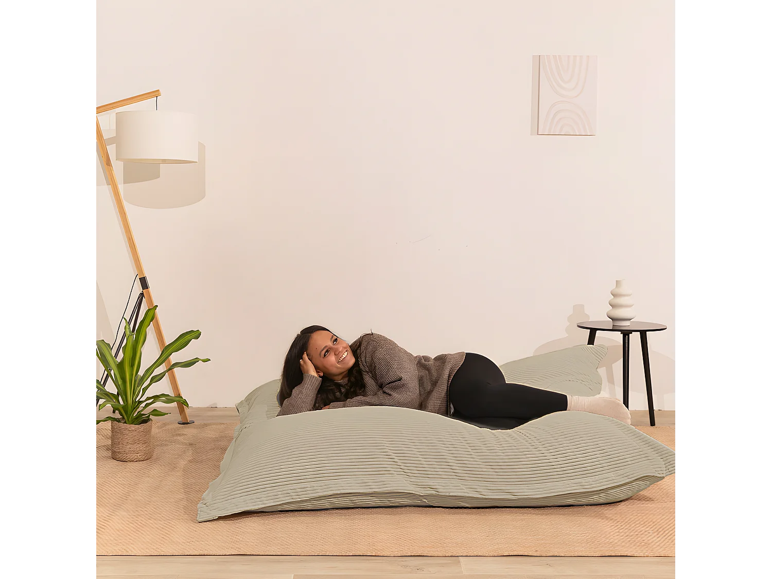 Puf en terciopelo acanalado Beige 180 x 140 cm