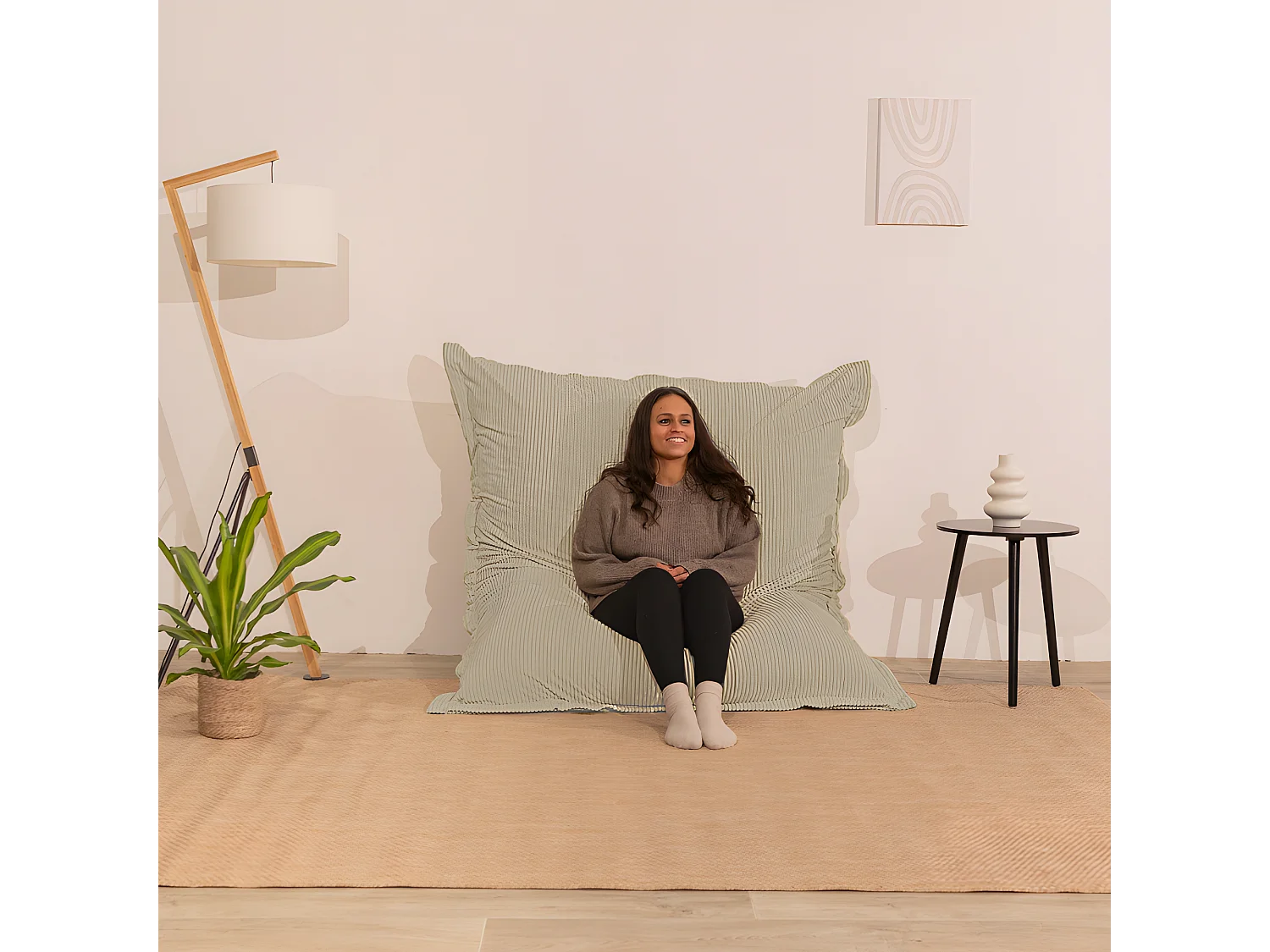 Puf en terciopelo acanalado Beige 180 x 140 cm