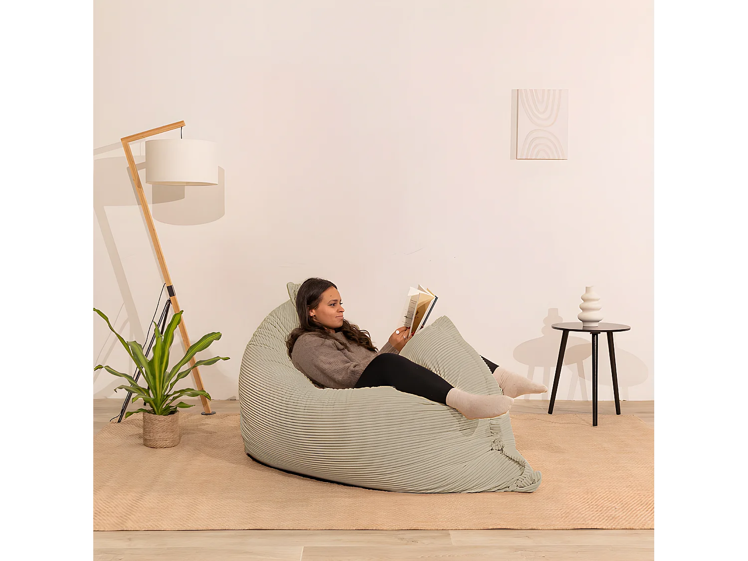 Puf en terciopelo acanalado Beige 180 x 140 cm