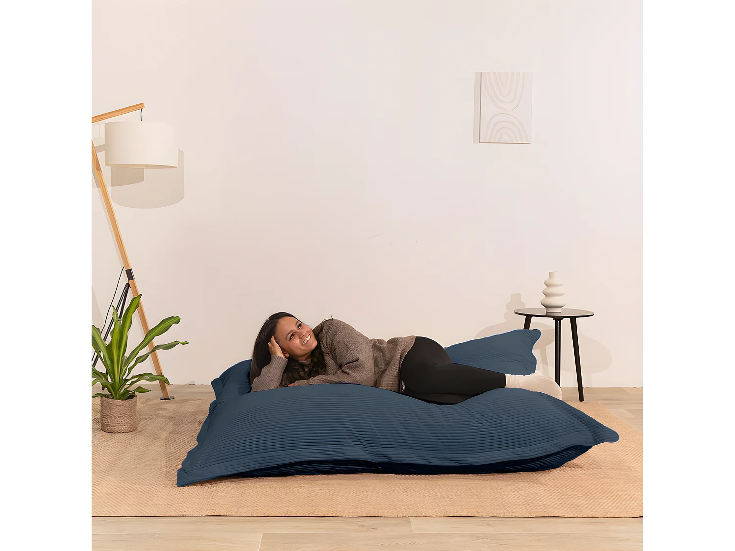 Pouf velours côtelé déhoussable bleu nuit 180 x 140 cm