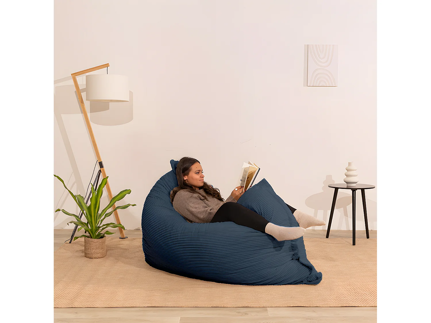Pouf velours côtelé déhoussable bleu nuit 180 x 140 cm