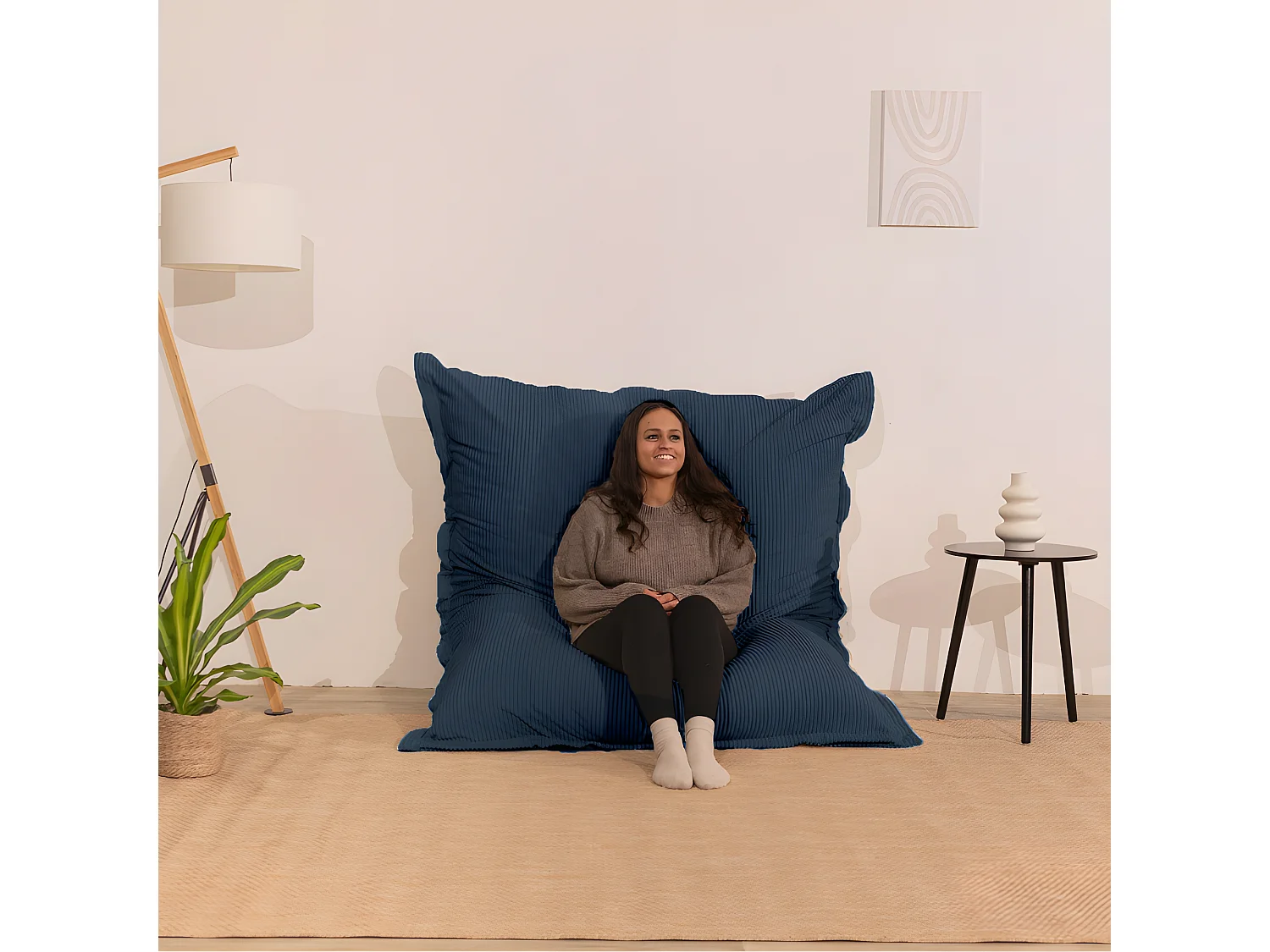 Pouf velours côtelé déhoussable bleu nuit 180 x 140 cm