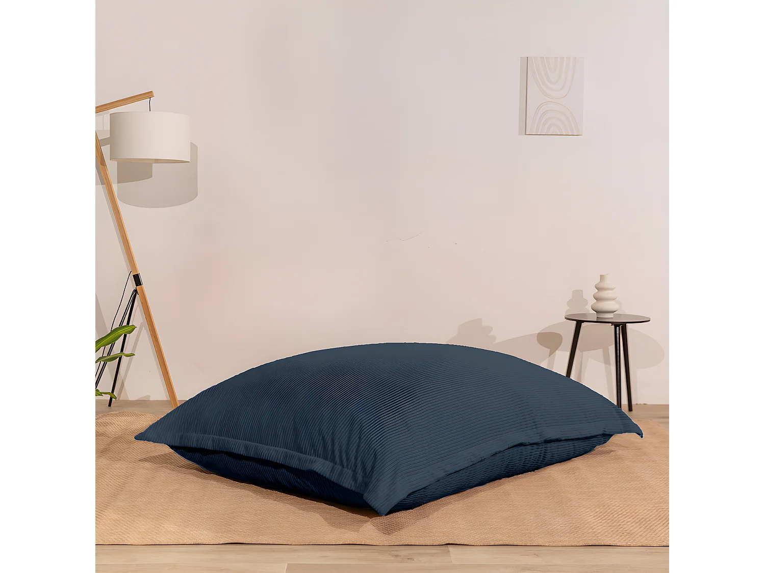 Pouf velours côtelé déhoussable bleu nuit 180 x 140 cm
