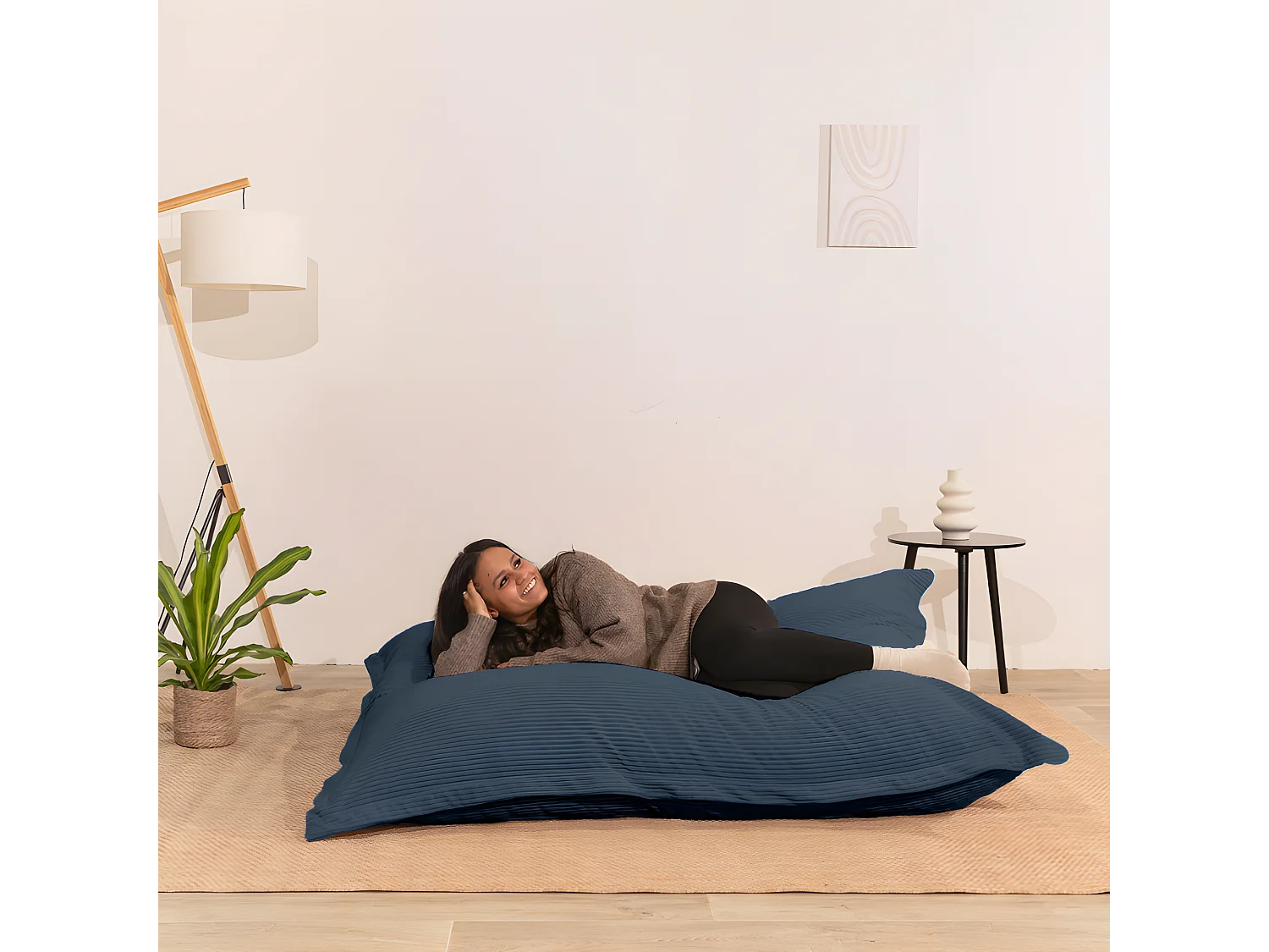 Pouf velours côtelé déhoussable bleu nuit 180 x 140 cm