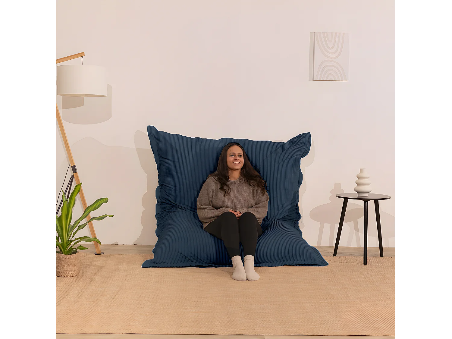 Pouf velours côtelé déhoussable bleu nuit 180 x 140 cm