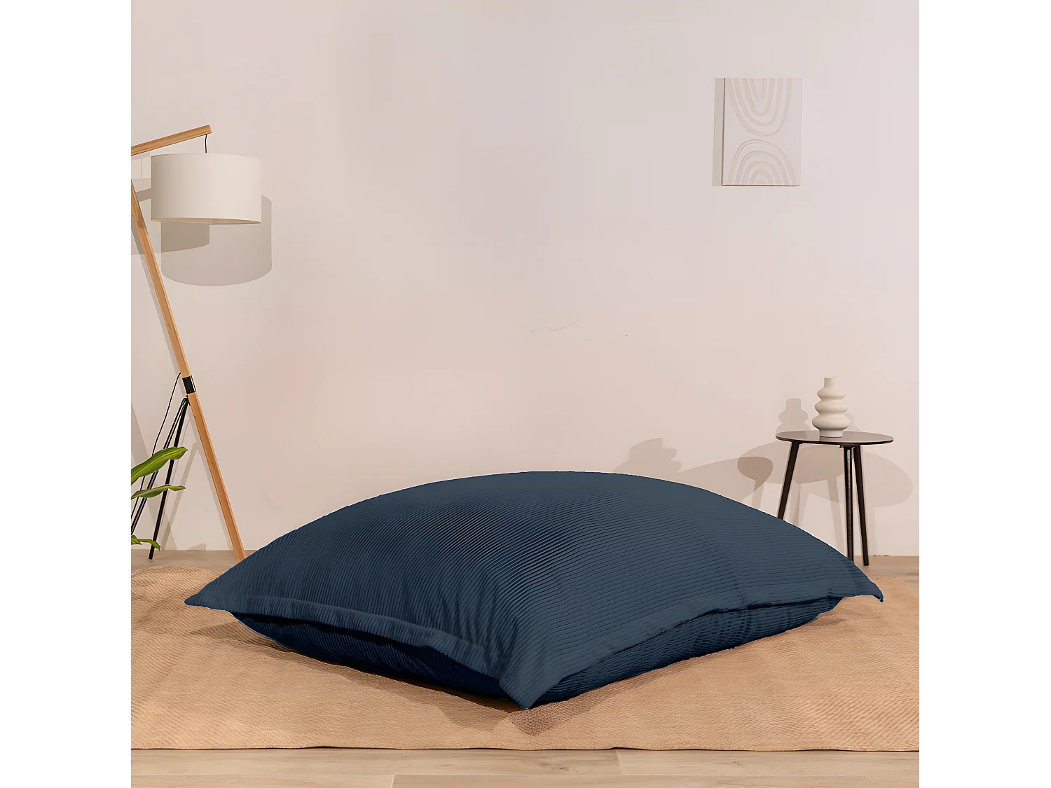 Pouf velours côtelé déhoussable bleu nuit 180 x 140 cm