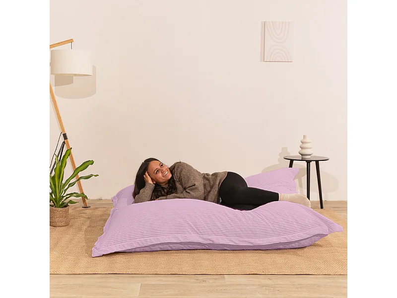 Pouf velours côtelé déhoussable 180 x 140 cm violet parme