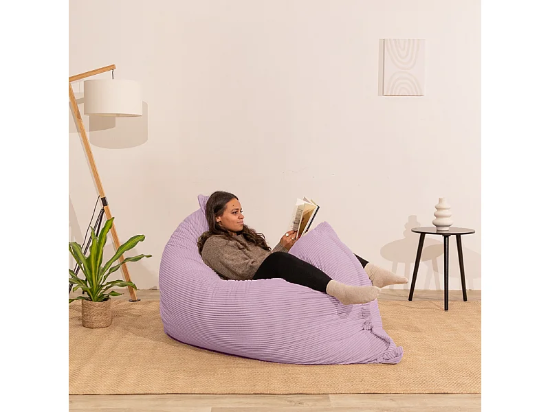 Pouf velours côtelé déhoussable 180 x 140 cm violet parme