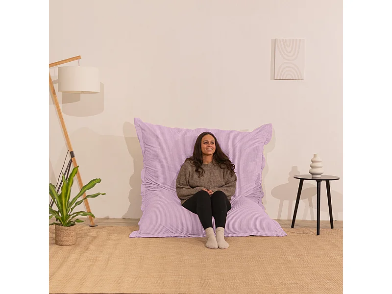 Pouf velours côtelé déhoussable 180 x 140 cm violet parme