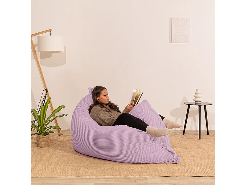 Pouf velours côtelé déhoussable 180 x 140 cm violet parme