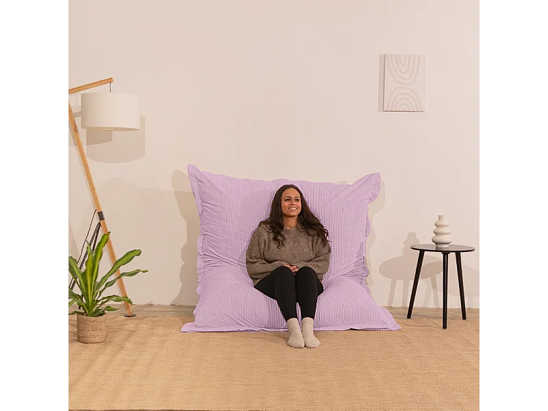 Pouf velours côtelé déhoussable 180 x 140 cm violet parme