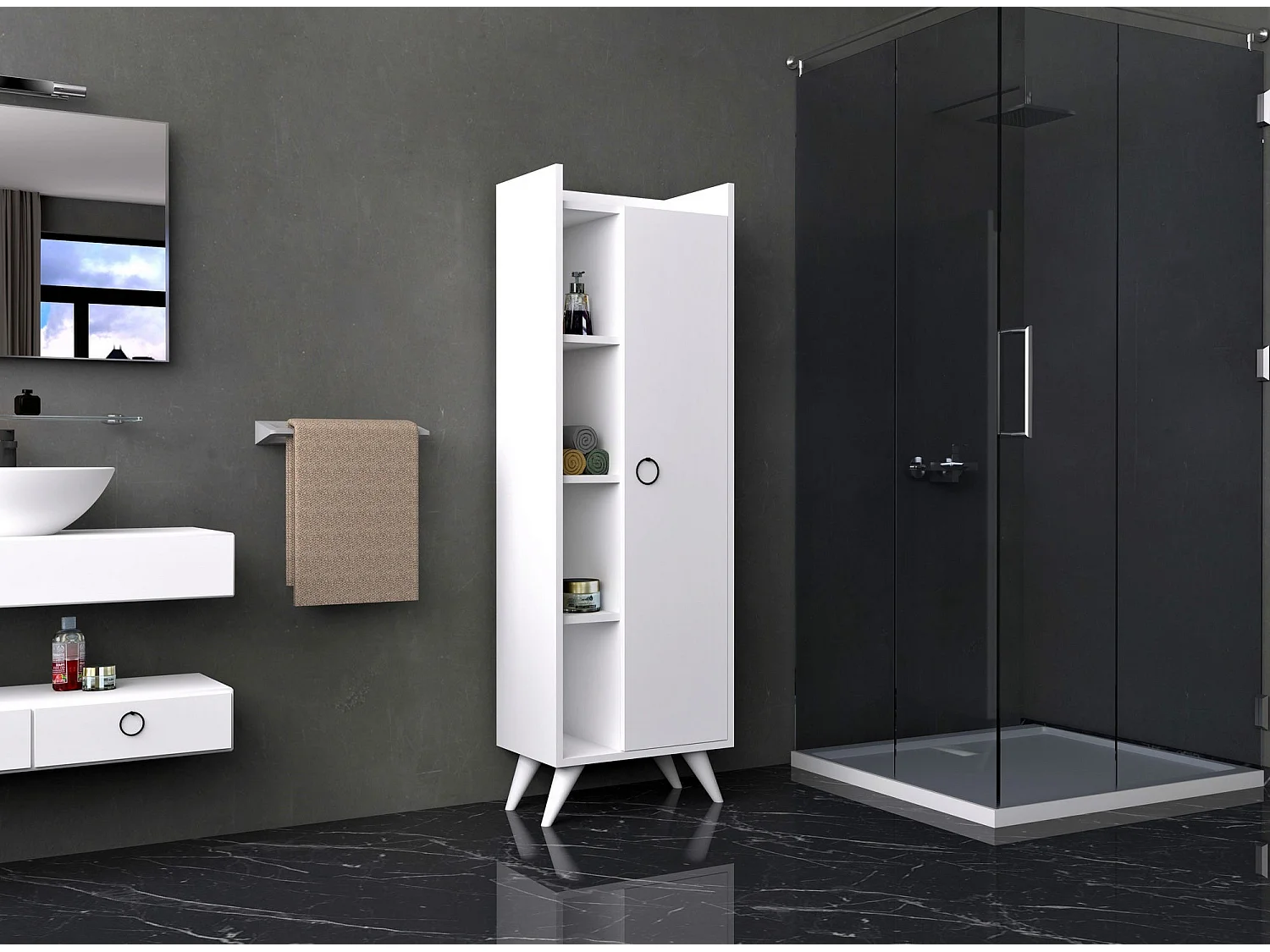 Colonne de salle de bain 1 porte 3 etagères bois blanc Vima 50cm