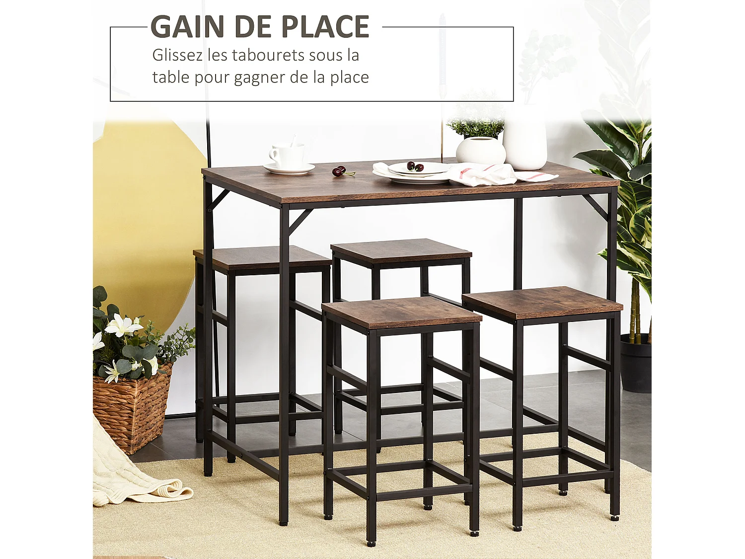 Ensemble table de bar 4 tabourets design industriel métal noir aspect bois