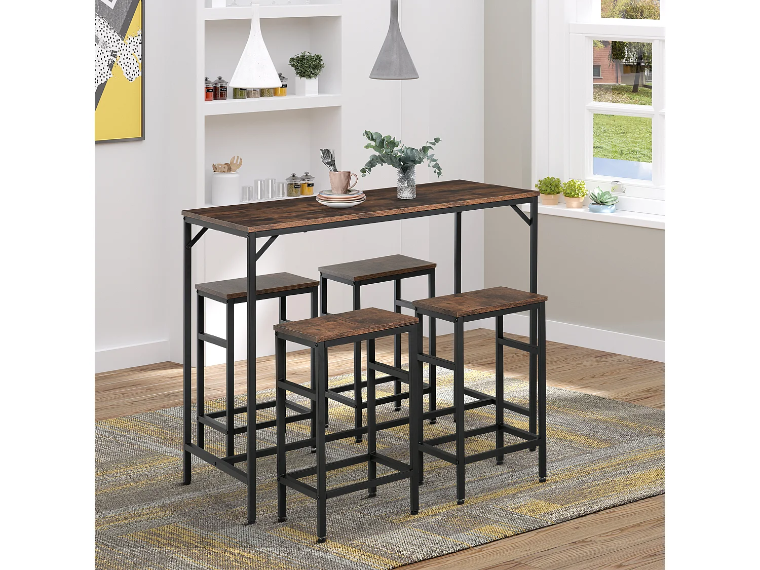 Ensemble table de bar 4 tabourets design industriel métal noir aspect bois