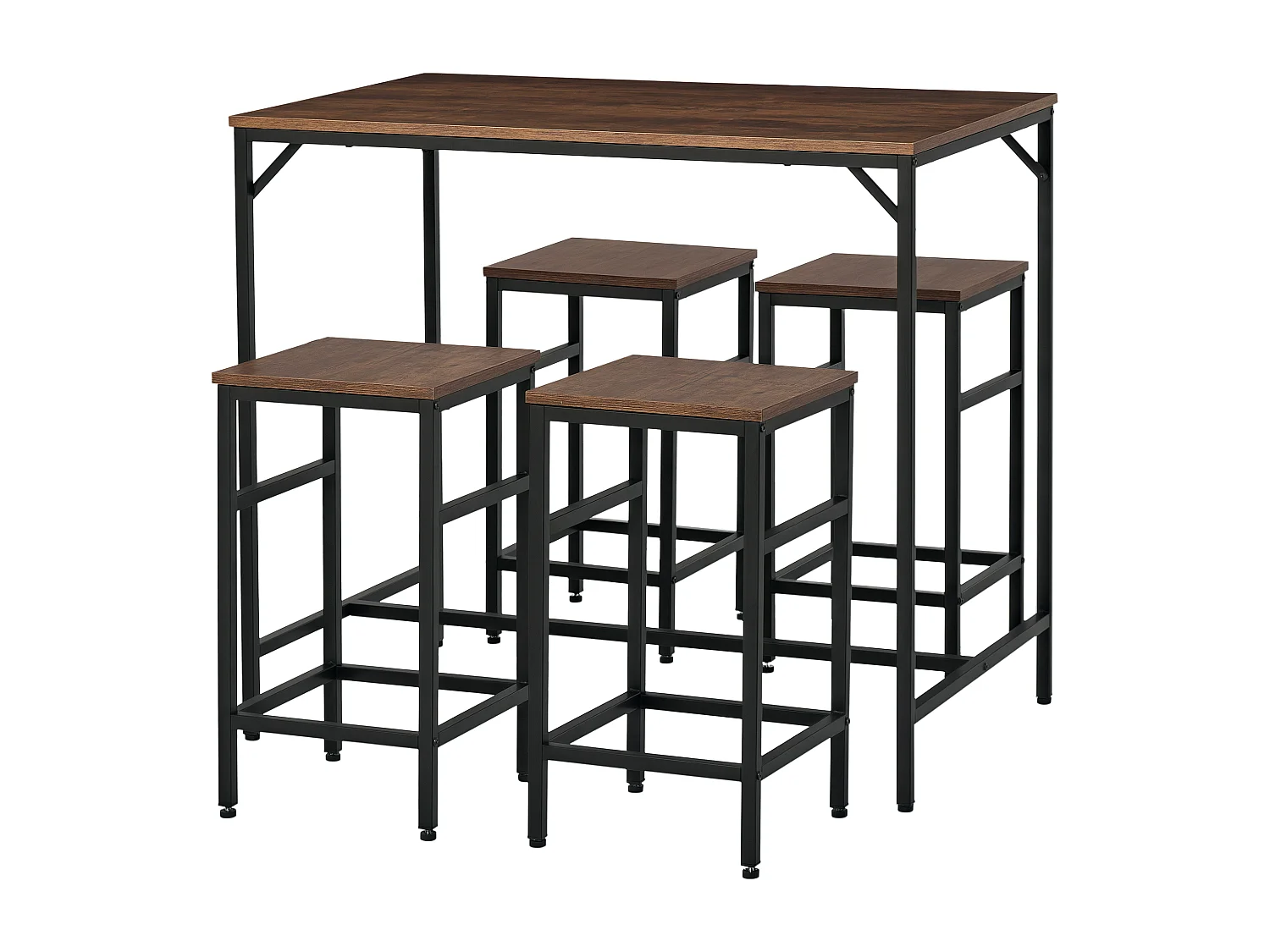 Ensemble table de bar 4 tabourets design industriel métal noir aspect bois