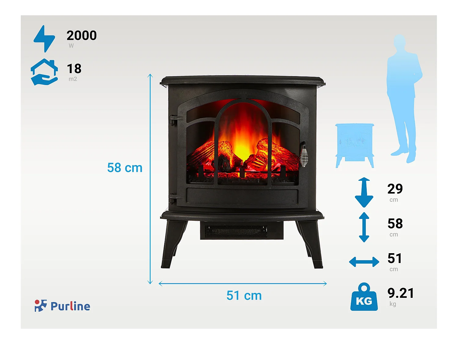 Lareira elétrica tradicional de chão preto com efeito de fogo 3D