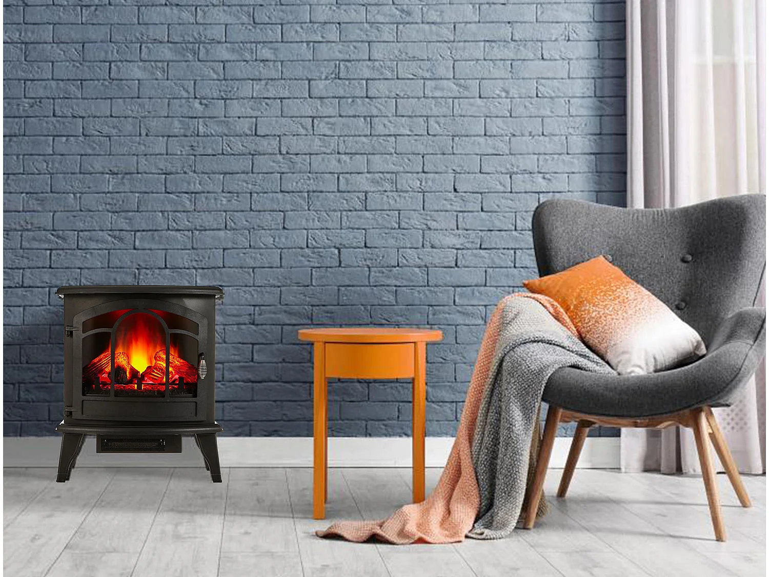 Lareira elétrica tradicional de chão preto com efeito de fogo 3D