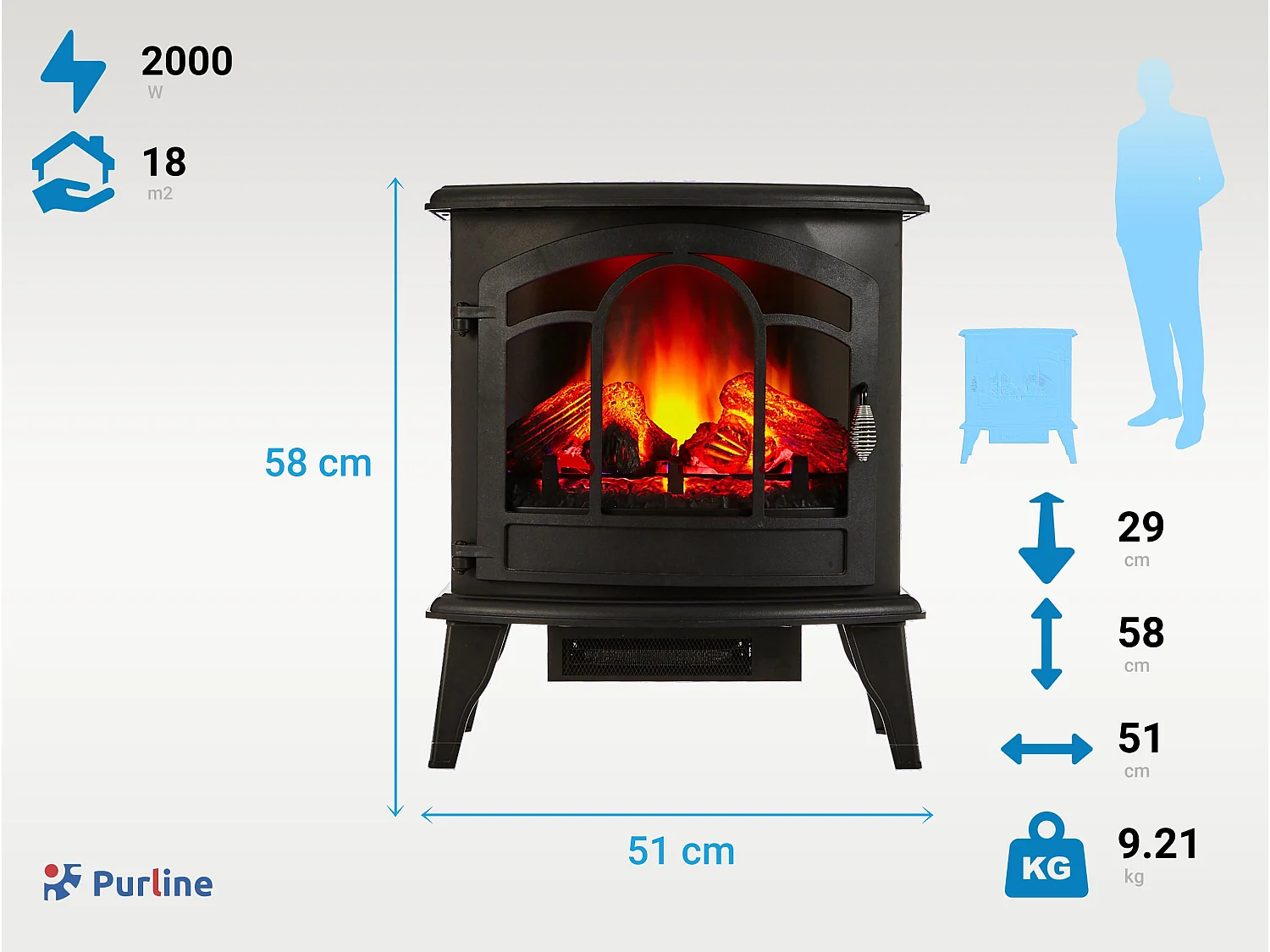 Lareira elétrica tradicional de chão preto com efeito de fogo 3D