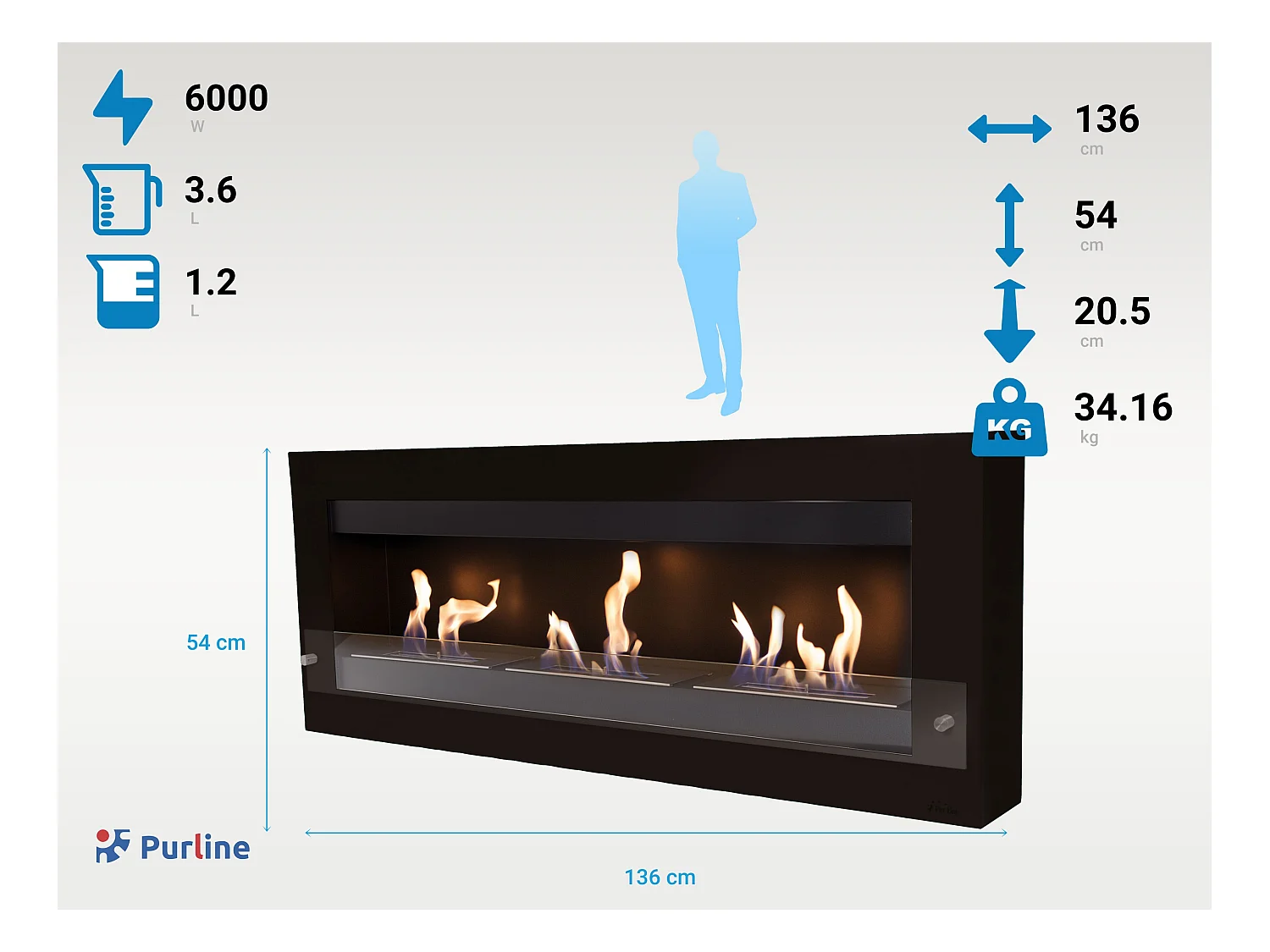 Extra grote wandgemonteerde ethanolhaard in staal en gehard glas