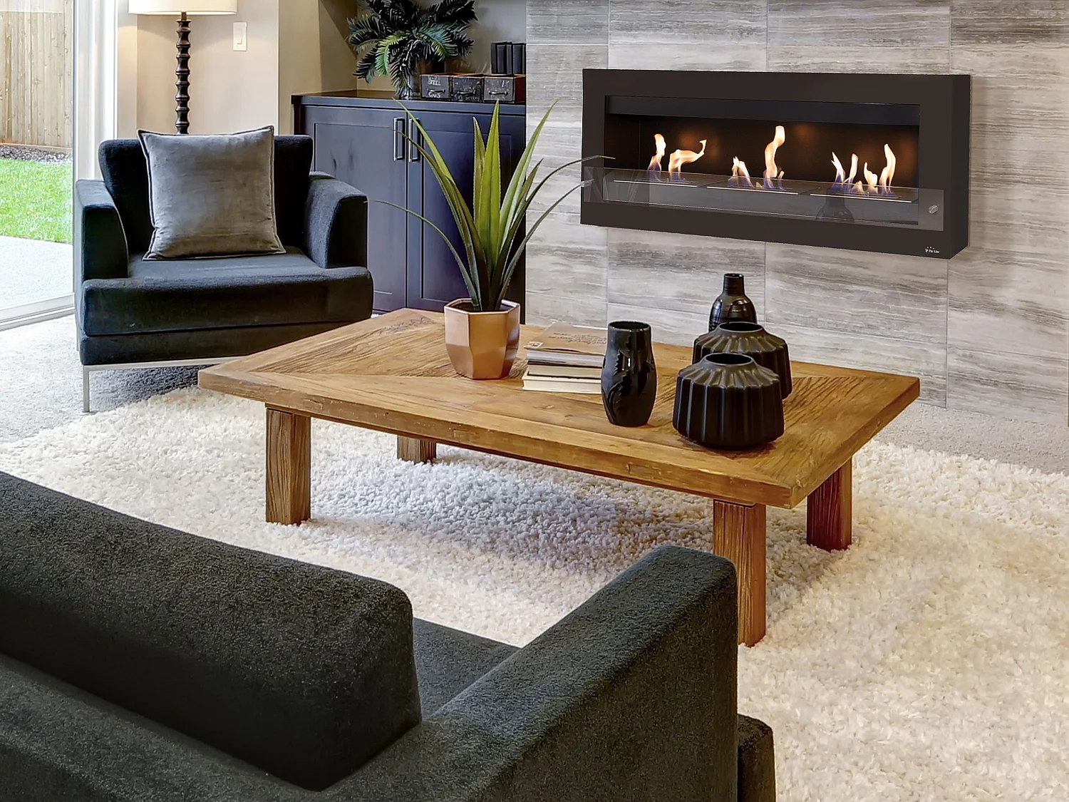 Chimenea de etanol mural extra grande en acero y cristal templado