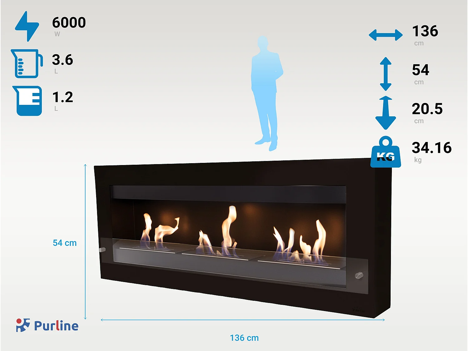 Chimenea de etanol mural extra grande en acero y cristal templado