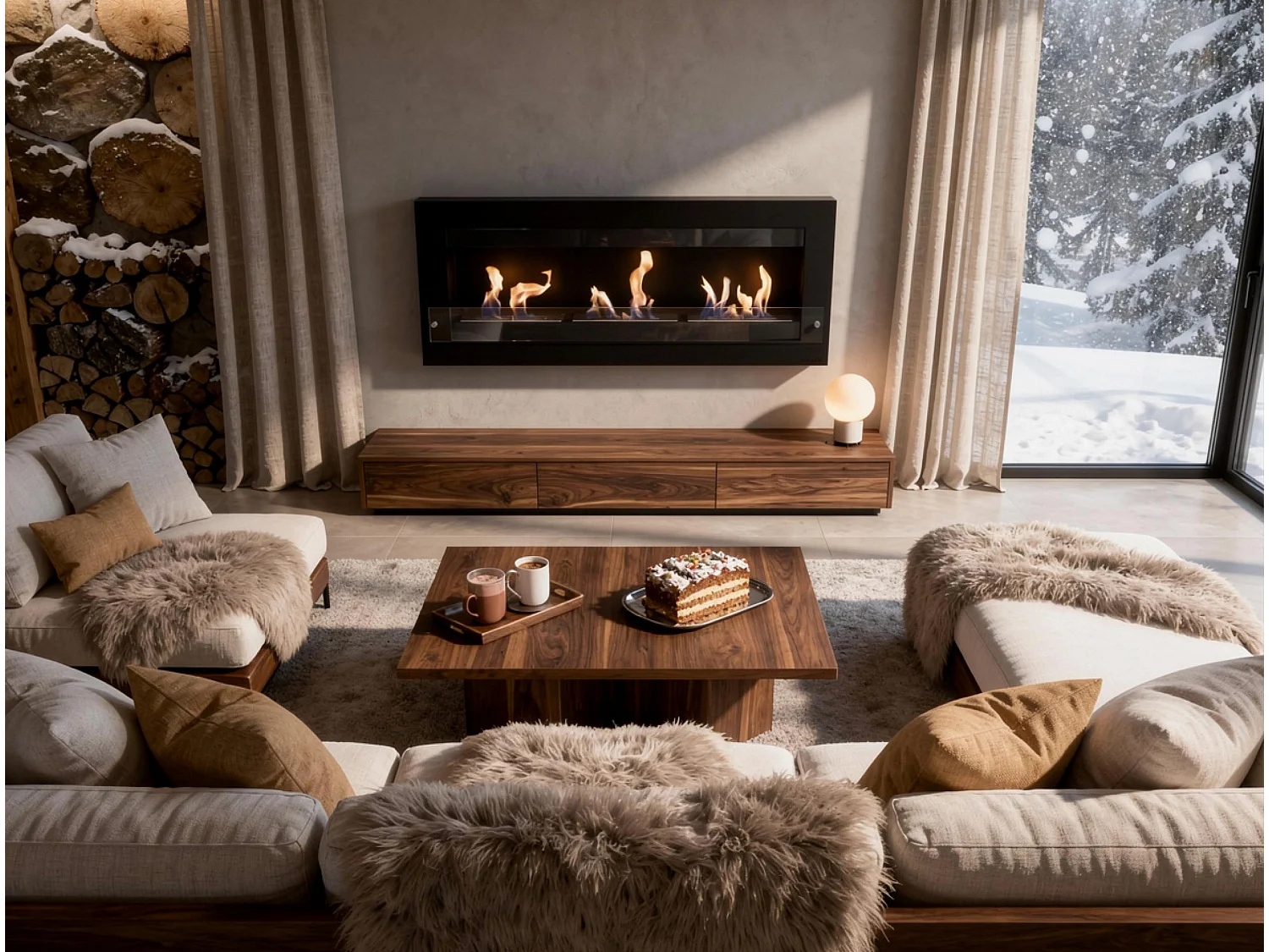 Très grande cheminée murale à l'éthanol en acier et verre trempé