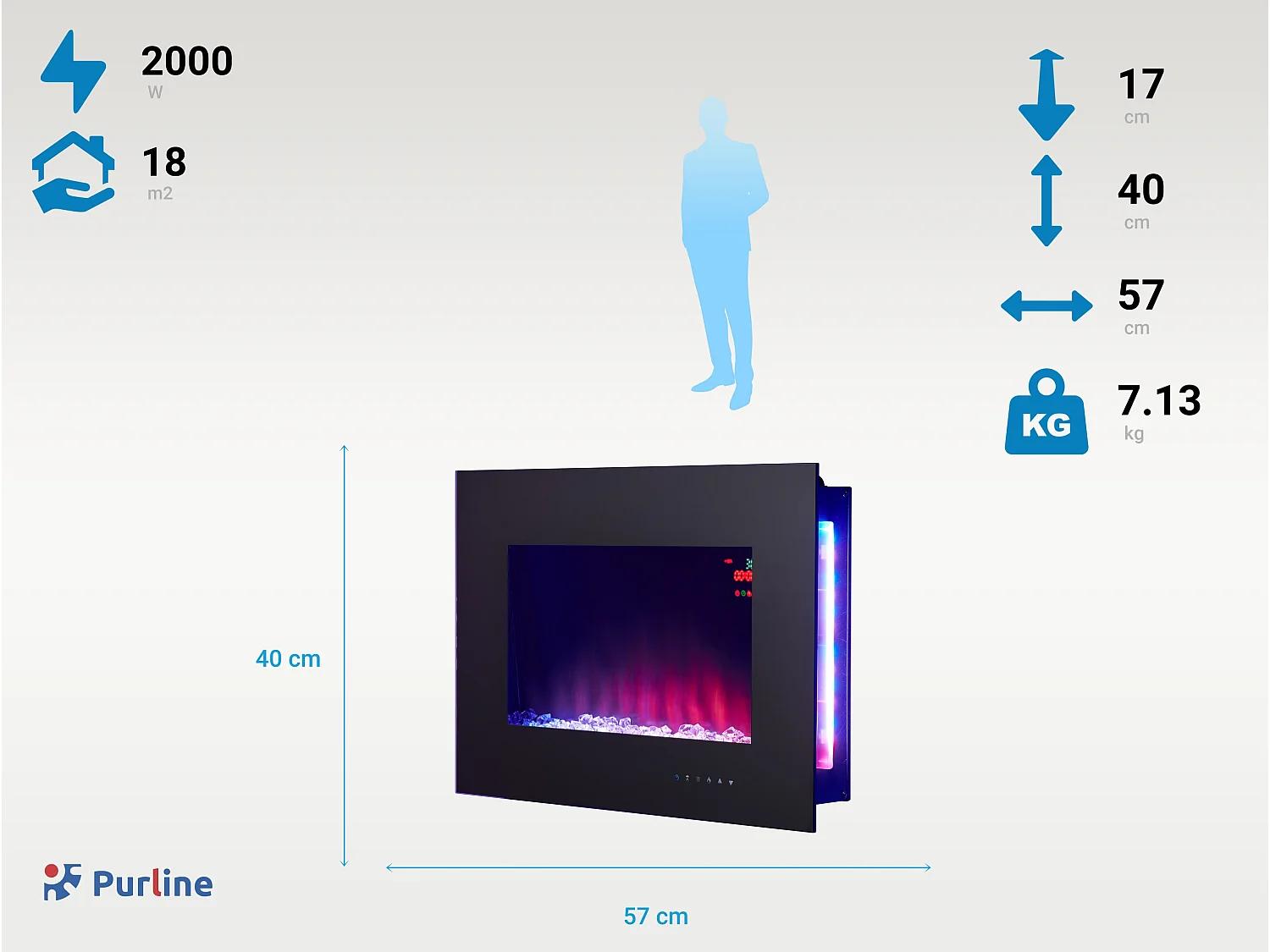 Lareira eléctrica de parede 2kW com luz ambiente