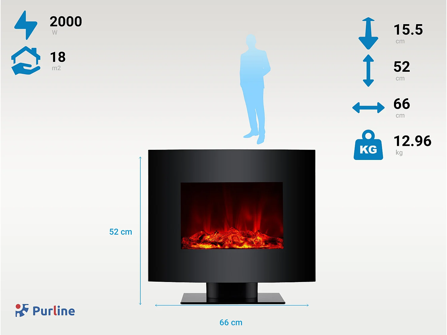 Cheminée électrique 2kW verre trempé noir avec télécommande