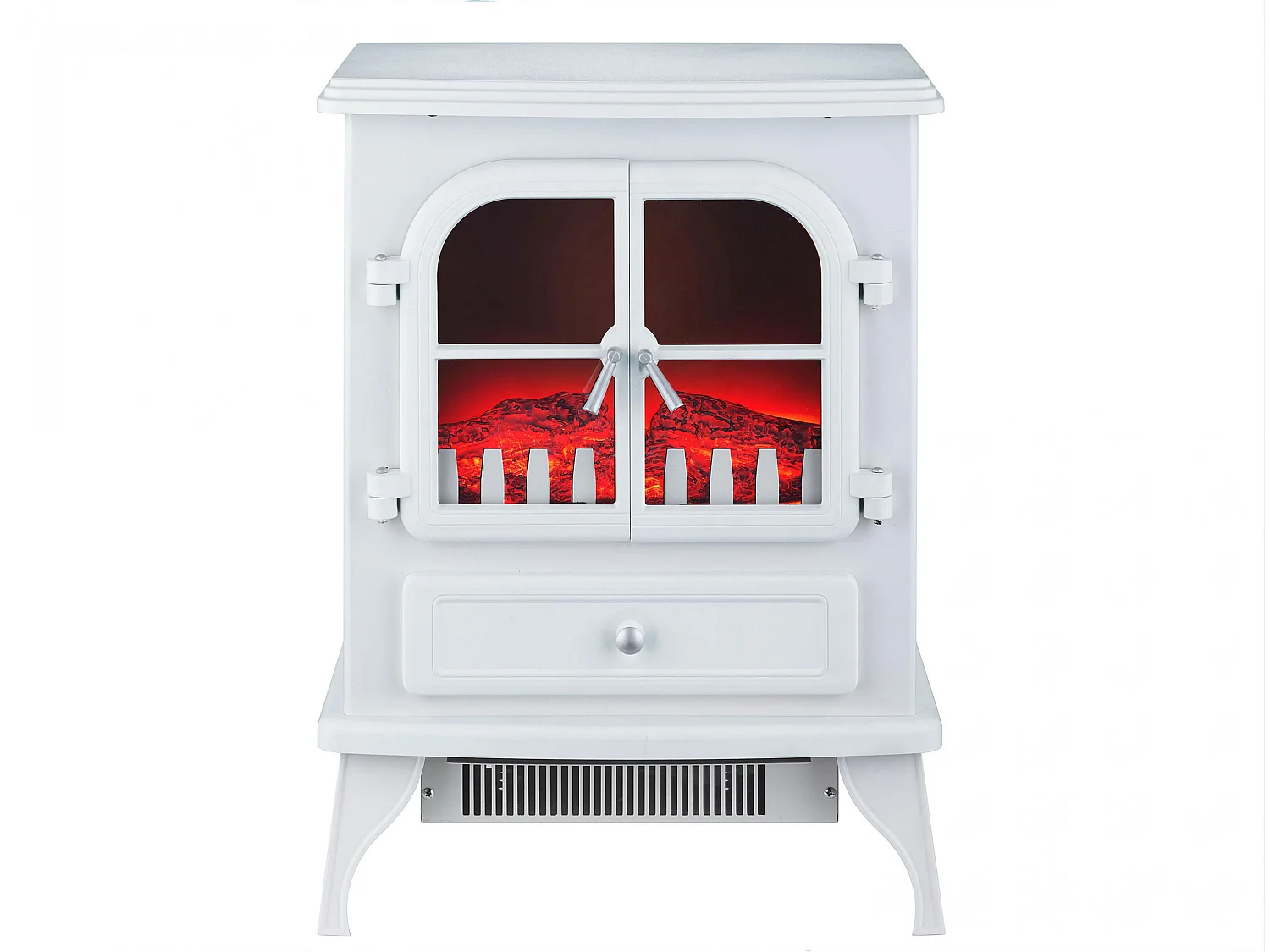 Staande elektrische haard, 2000W, retrostijl met poten, wit gelakt staal, met poten.