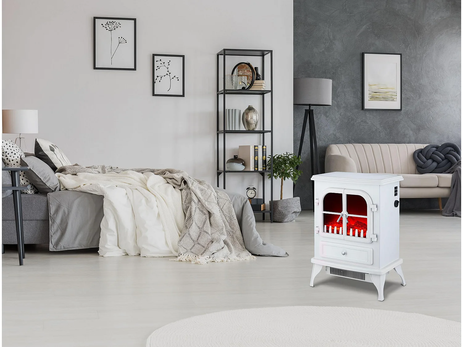 Staande elektrische haard, 2000W, retrostijl met poten, wit gelakt staal, met poten.