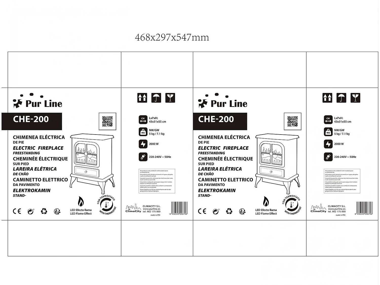 Staande elektrische haard, 2000W, retrostijl met poten, wit gelakt staal, met poten.