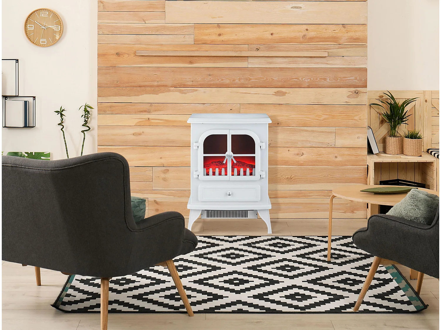 Cheminée électrique au sol 2000W style rétro en acier laqué blanc