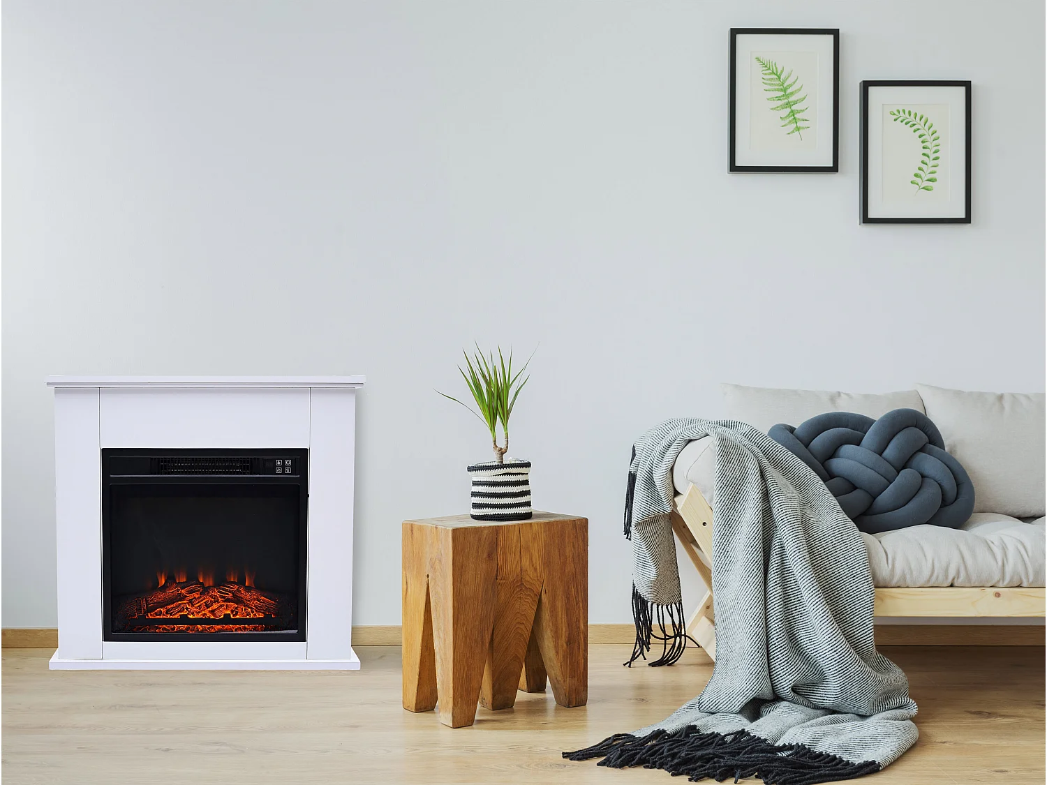 Cheminée électrique au sol de 2kW en acier laqué blanc avec télécommande