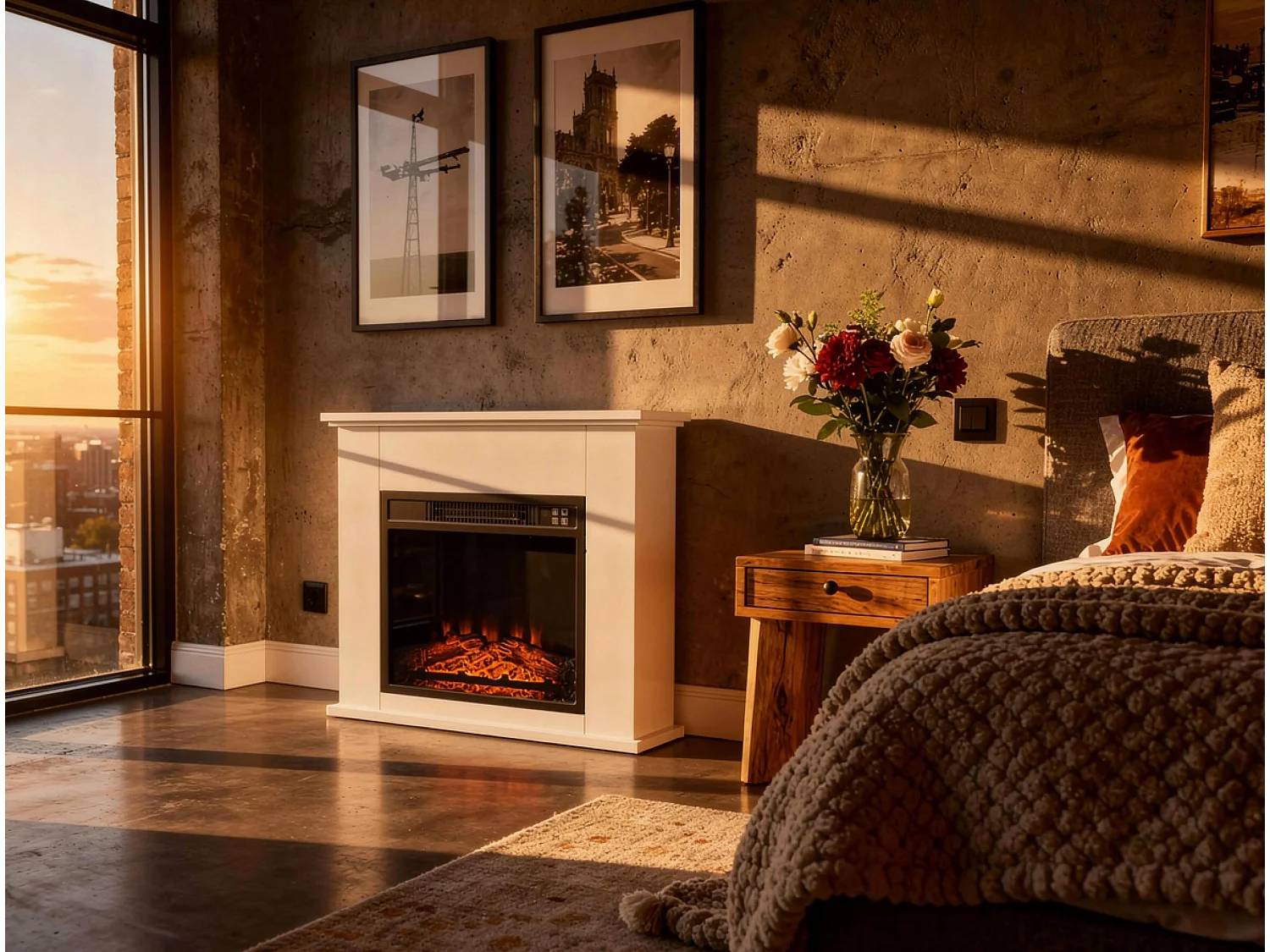 Cheminée électrique au sol de 2kW en acier laqué blanc avec télécommande