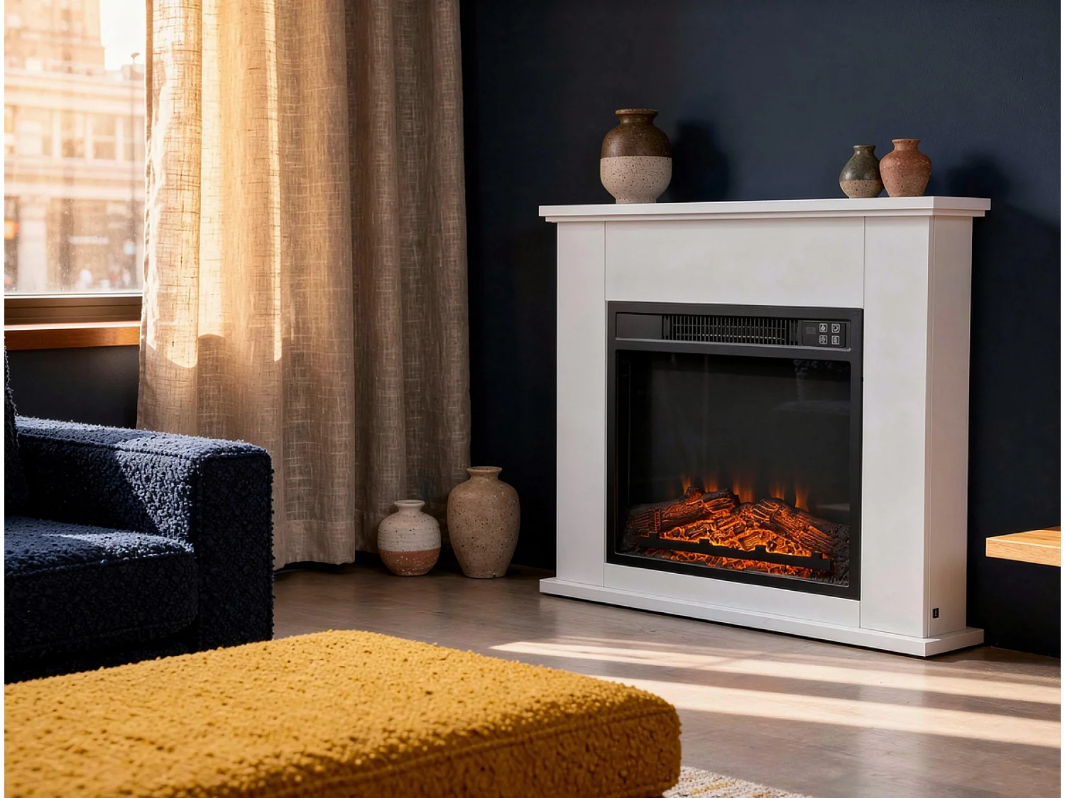 Cheminée électrique au sol de 2kW en acier laqué blanc avec télécommande