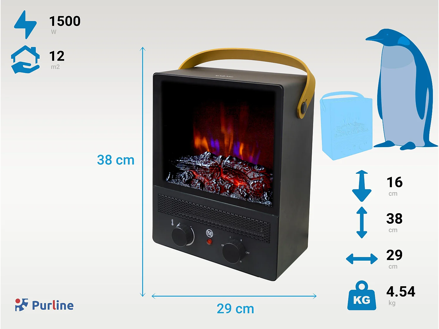 Cheminée électrique portable en acier noir et pieds