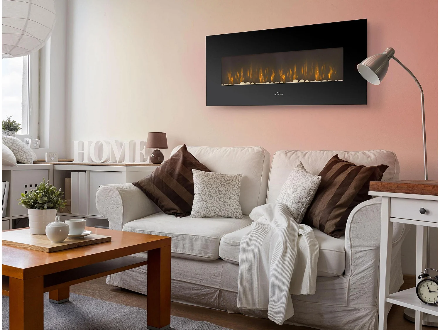 Chimenea eléctrica mural 2kW panorámica en cristal templado negro con mando a distancia