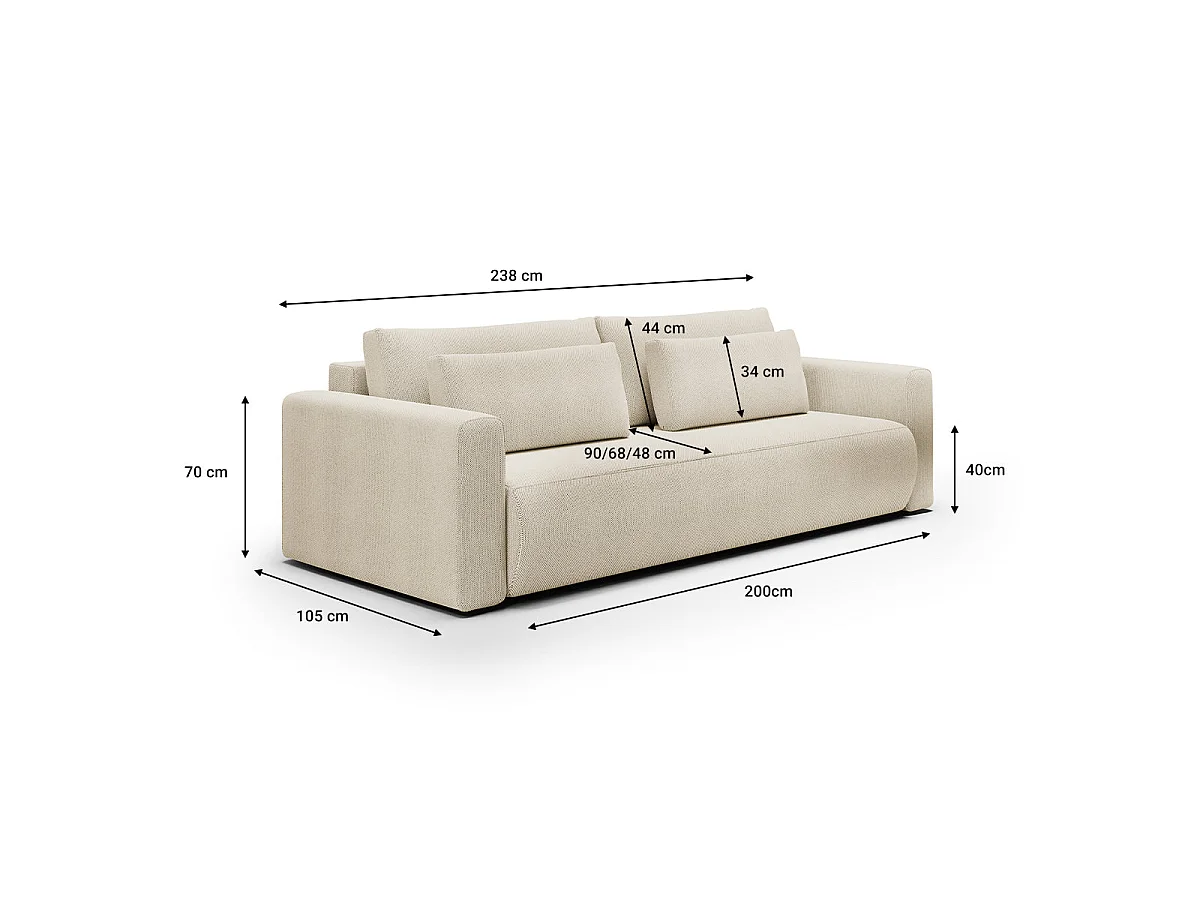 Canapé convertible 3 places avec coffre en tissu beige EVY