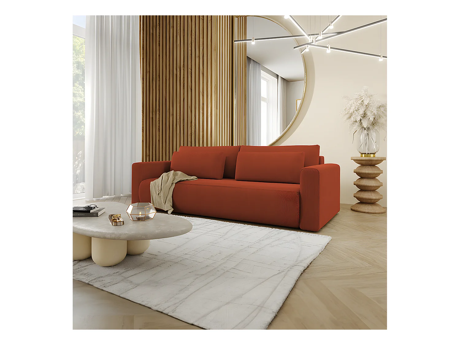 Canapé convertible 3 places coffre Evy Orange Brique